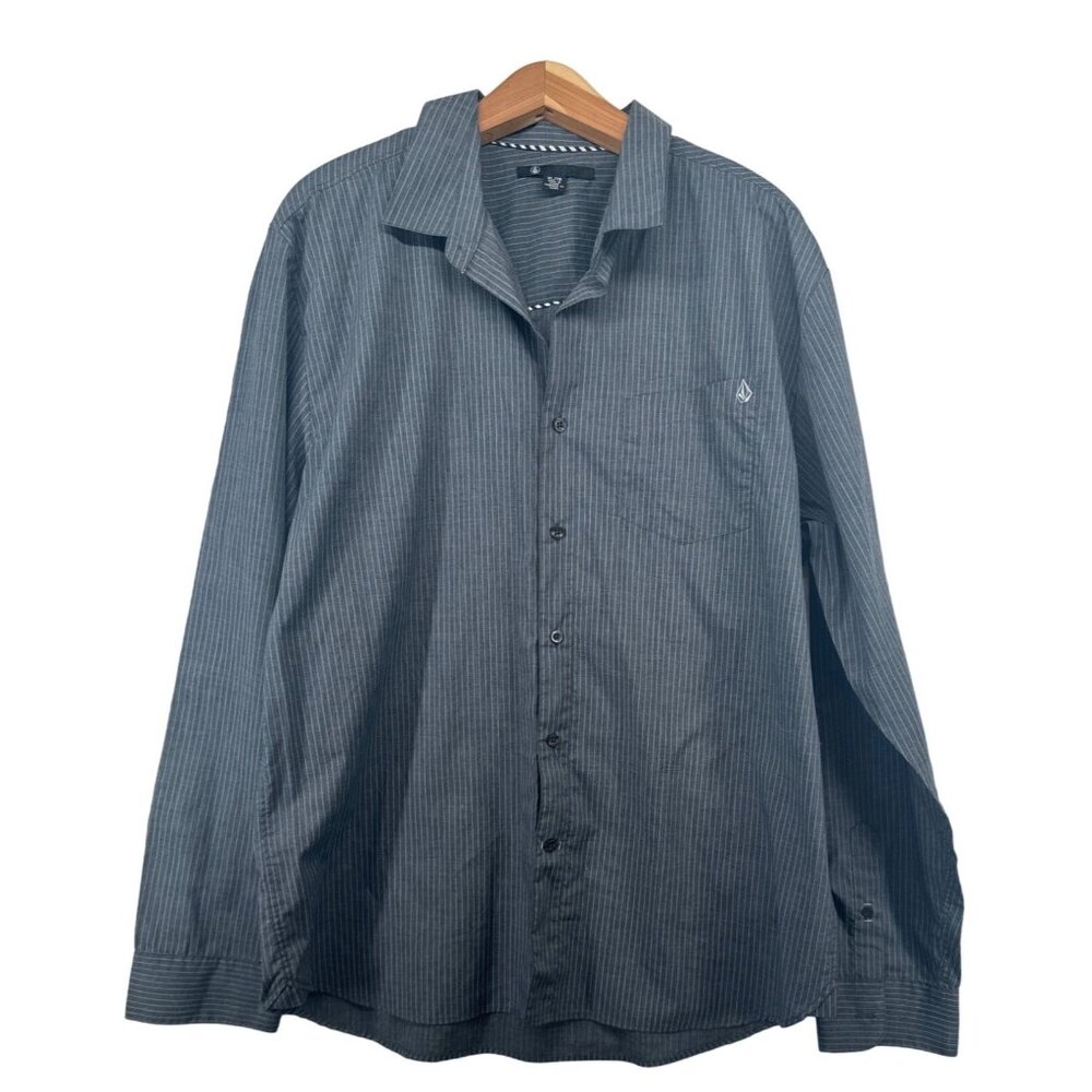 Volcom Mens Button Shirt XL Charcoal X Factor Striped Classic Skater Streetwear